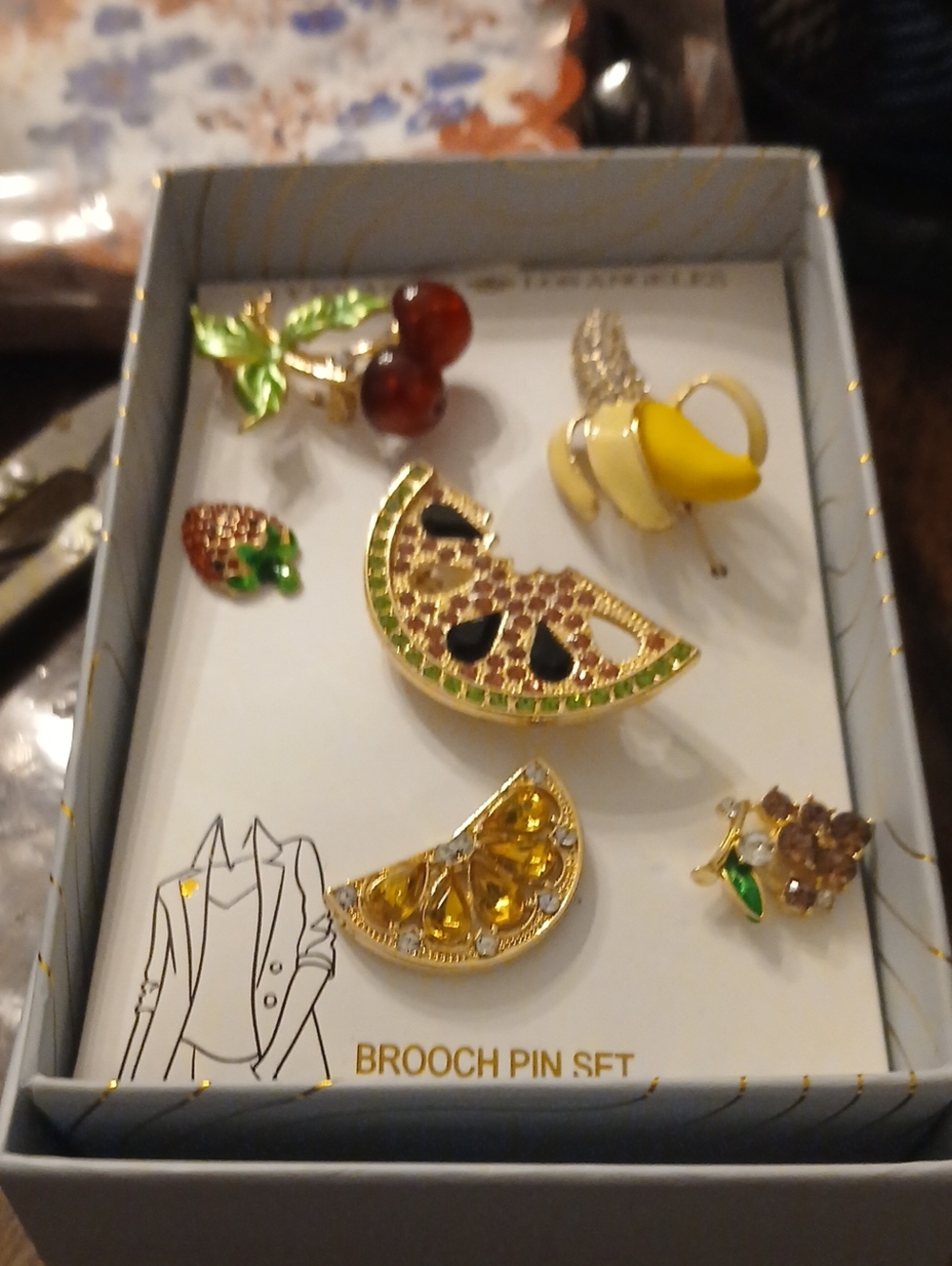 EYE CANDY Gold-Tone Fruit Brooch Pin Set - Yellow, Green, Red Accents